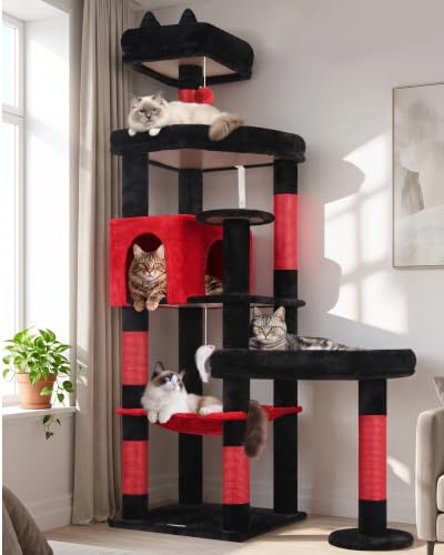 65in Gothic Sturdy Cat Tree for Indoor Large Cat (65inch / Red Black)