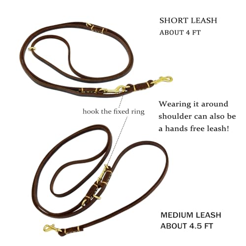 Multi Function 8ft Genuine Leather Hands Free Dog Training Leash for Puppy Small and Medium Dogs (Brown / 8ft*3/8inch)
