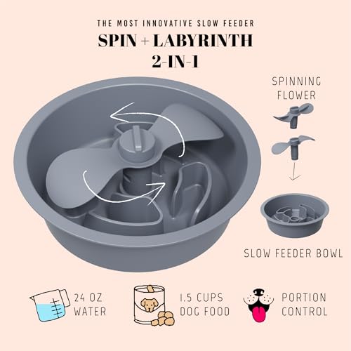 Slow Feeder Dog Bowls for Medium Breed (Petal Feeder Grey / 1.5 Cup - Fit 6.4-6.7'' Feeder Holes)