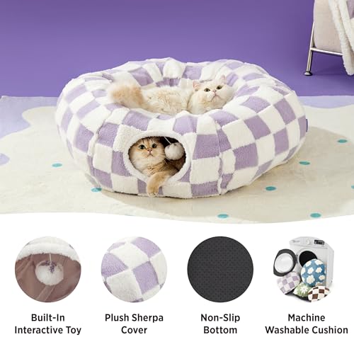 Lesure Donut Cute Jacquard Cat Tunnel Bed Kitten Toys for Puppy Bunny (Standard (33.5"L x 33.5"W x 10"H) / Lavender Checks)