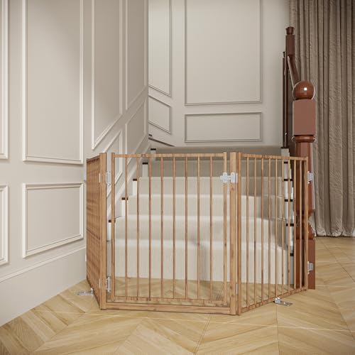 Freestanding Dog Gate with Door for Indoor & Outdoor (Brown / 【3 Panels with Door】78"W×30"H)