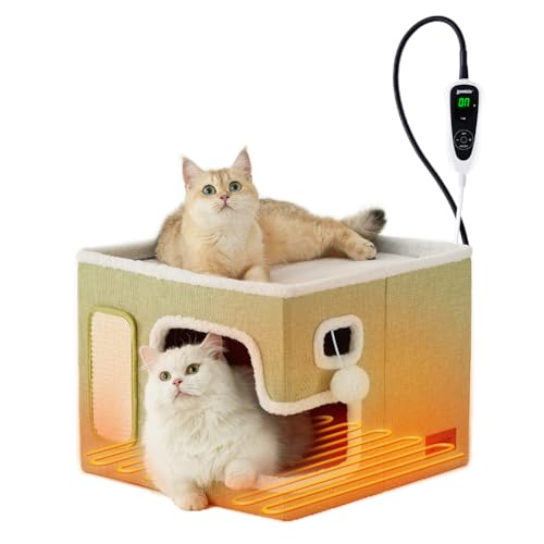 Heated Cat House Bed for Indoor Cats (Green / Large)