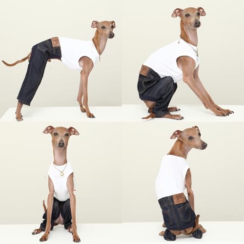 D Doggy Star Italian Greyhound Clothes Sleeveless Jeans Onesie Outfit Whippet for Dog Coat (L / Blue Jean)