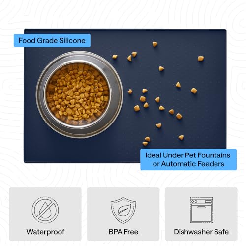 Dog Food Mat 100% Waterproof Silicone (Navy / 23"l X 15"w)