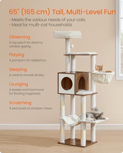 Cat Tree, 65-Inch Tall Cat Tower, Multi-Level Condo with Cave (Honey Brown)