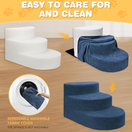Dog Stairs 3 Steps Foam Pet Ramp for Small Dogs Cats (Navy blue-3-Step)