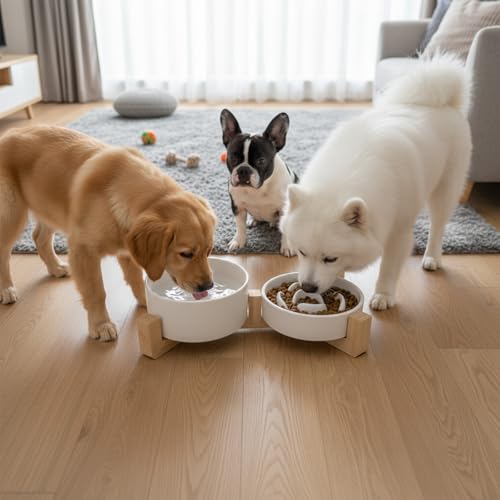 Ceramic Slow Feeder Dog Bowl Set (White)