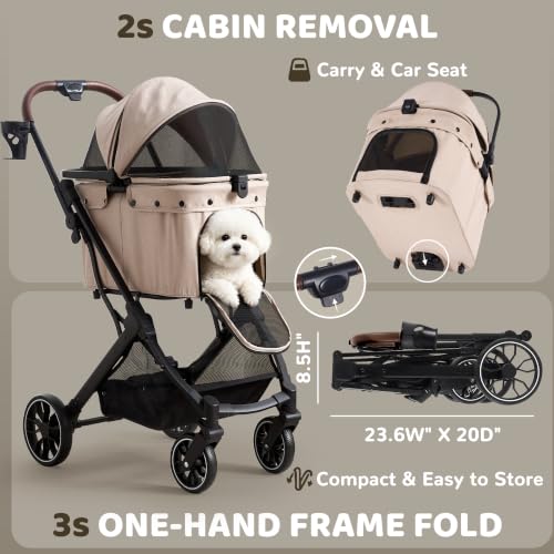 Dog Stroller for Small to Medium Dogs with Detachable Carrier (Vanilla Beige)