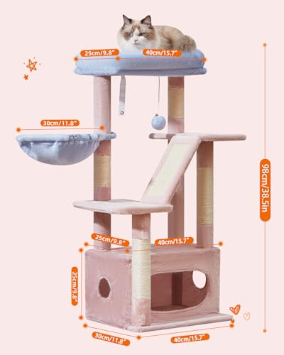 Cat Tree 38.5In Cat Tower for Indoor Cats (Pink and Blue / 38.5 Inches)