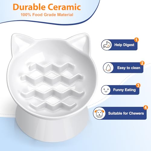 Ceramic Slow Feeder Cat Bowl (White-Cute kitten / 2 Cups)
