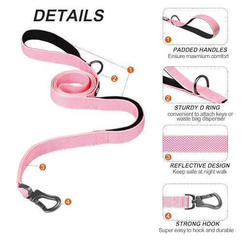 6FT 1IN Heavy Duty Dog Leash for Large Dogs with 2 Padded Handles (Pink / 1 in x 6 ft)
