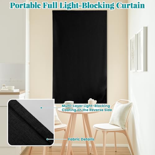 100% Blackout Magic Tape Stick On Curtains Window Shades Pull Down Blackout Window Cover No Drillng Self Adhesive Curtains No Rod Small Windows (35"W x 60"L (Pack of 1) / Black)