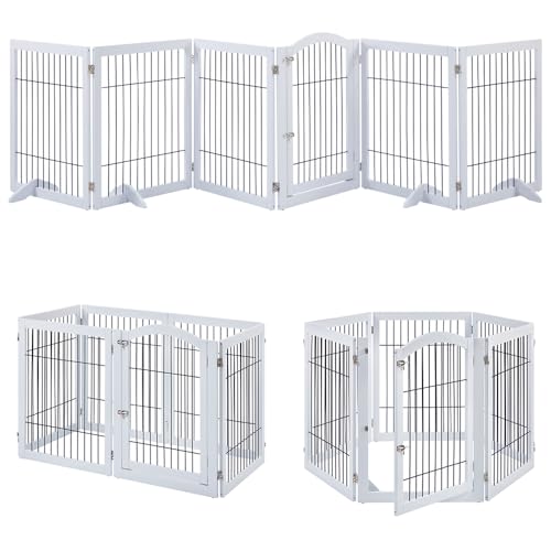 144" Extra Wide Dog Gate and Pet Playpen with Walk Through Door (White / 144"W×31.5"H)