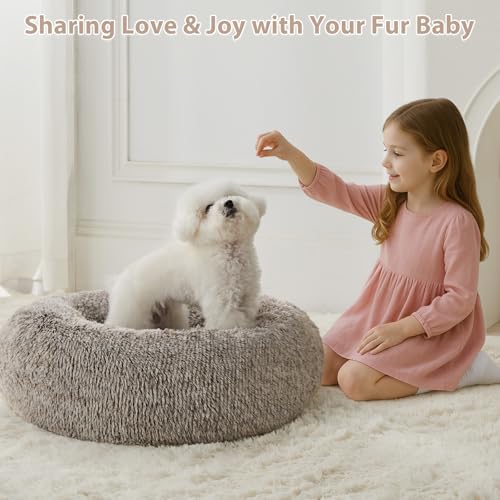 Small Round Calming Dog Bed Cat Bed for Comfy Sleep (20"L x 20"W x 8"Th / Light coffee)