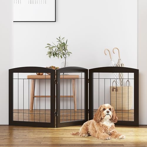 Free Standing Dog Gates for Doorway (Espresso / 【3 Panels】60"W x 24"H)