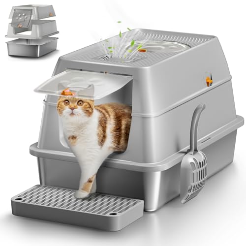 Stainless Steel Cat Litter Box with Removable Lid (Grey)