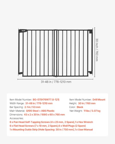 Pet Gate for Stairs (Black / 31-48" Wide x 30" Tall)