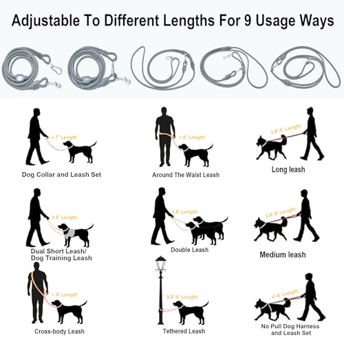 9-in-1 Hands Free Dog Leash Crossbody/Waist Grey Large Dogs (Slate Grey / Large - 9mm Diameter - 20-120lbs)