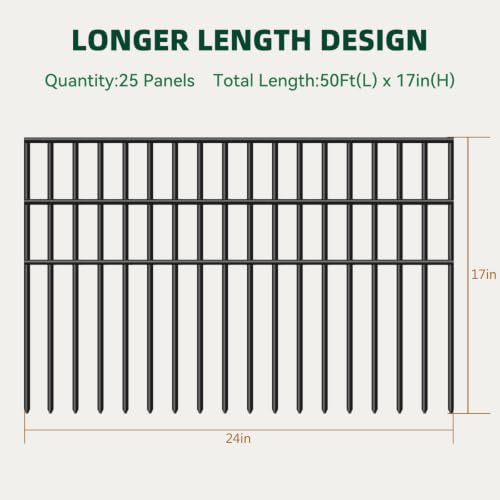 50ft(L) x 17in(H) Animal Barrier Fence, 25 Panels No Dig Garden Fence for Dog Rabbit, Rustproof Anti Digging Barrier, Garden Edging Border Ground Defense for Outdoor, Yard, Patio (Black / 25 Panels, 50ft(L) x 17in(H))