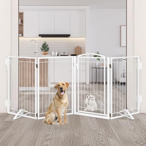 Full Metal Freestanding Dog Gate with Cat Door for Indoor & Outdoor (White / 【8 Panels with Door】160"W×32"H)