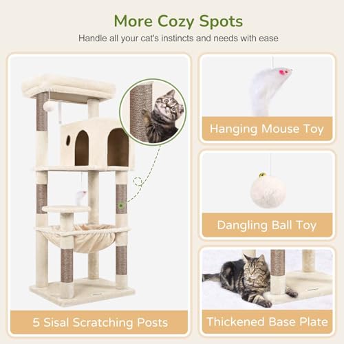 Cat Tree Tower with Scratching Post for Indoor Cats (Beige / L)