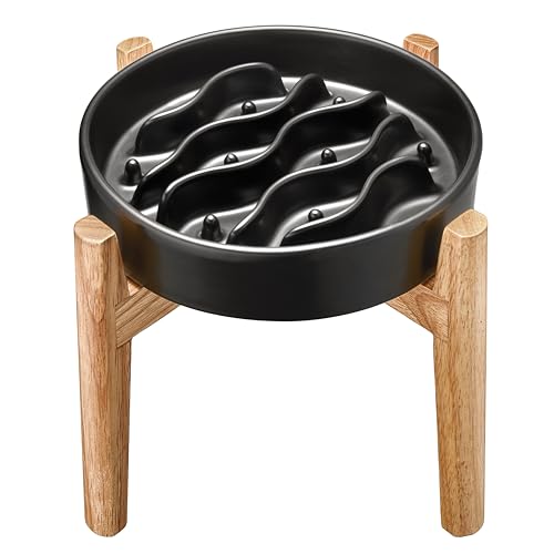 Ceramic Slow Feeder Dog Bowls Elevated (Black + Stand / 8 Inches)