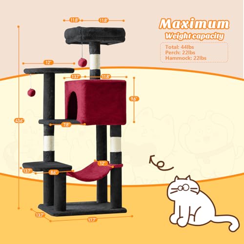 44 Inch Cat Tree Tower for Indoor Cats and Kittens (Black Red / 44 IN)