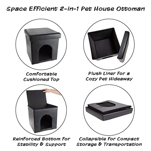 Cat House Collapsible Multipurpose Small Dog or Cat Ottoman with Footrest (Black)