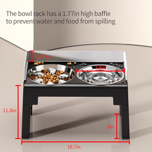 Elevated Dog Bowls with Stainless Steel Slow Feeder Bowl for Medium and Large Dogs (1 Stainless Slow Feeder & 1 Stainless Bowl / Grey)