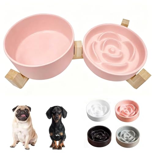 Ceramic Slow Feeder Dog Bowl Set (Pink)