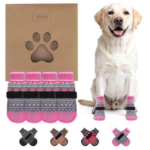 Dog Socks to Prevent Licking Paws for Hardwood Floors Anti Slip (Pink Ornamentation / Medium (4 Pack))