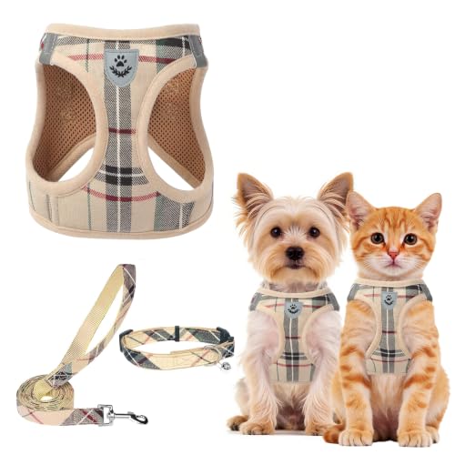 Adjustable Dog Harness Collar and Leash Set Step in No Pull Pet Harness for Small Medium Dogs Puppy and Cats Outdoor Walking Running (Beige / XS (CHEST 13"-14.5"))