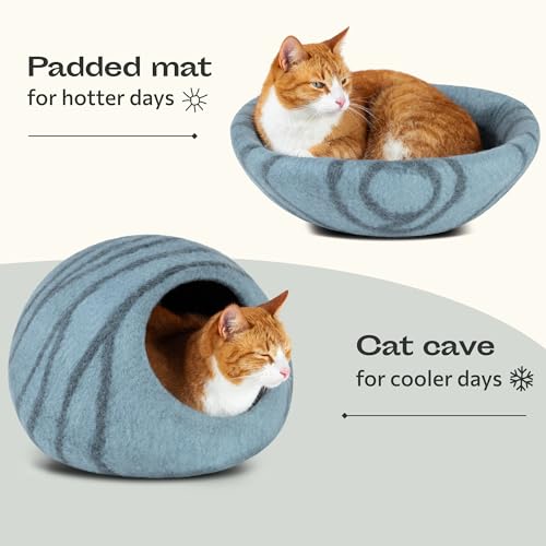 Cat Cave Merino Wool Bed for Indoor Cats (Aquamarine / Medium)