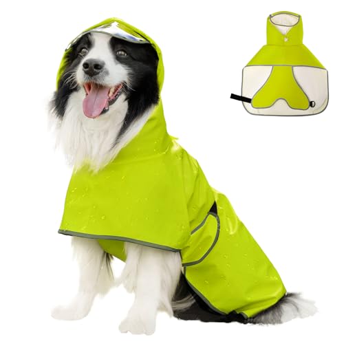 Dog Raincoat Dog Rain Jacket Poncho with Hood and Leash Hole (Neon Green / 2XL(31-39lbs))