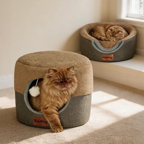 2-in-1 Cat Bed Cave, Cozy Covered Cat Beds for Indoor Cats,Pet Bed (Brown / M-17.7" x 17.7" x 13.8"H)