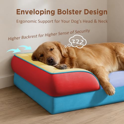 Orthopedic Dog Beds for Large Sized Dog with Bolster (36.0"L x 27.0"W x 8.0"Th / Funfetti Fiesta)