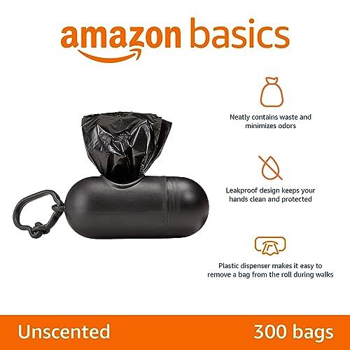 Dog Poop Leak Proof Bags with Dispenser and Leash Clip (Black / 300 Bags)