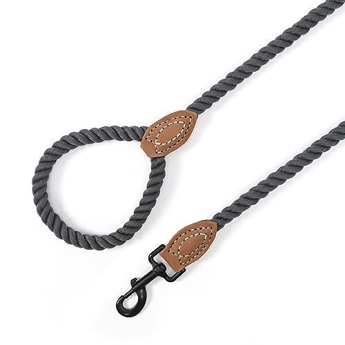 Dog Leash Braided Cotton Rope with Leather (Dark Grey / 60 Inch-1/2")
