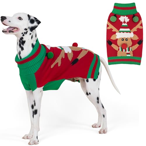 Dog Christmas Sweater for Large Dog Thick Knit with Reindeer Pattern (3XL (60-80lbs) / 3# Santa hat reindeer)