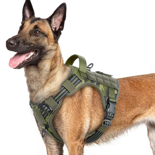 Tactical Dog Harness for Large Dogs (L(Chest:22"-37",Neck:21.1"-30.3",Back:8.3") / Green Camo)