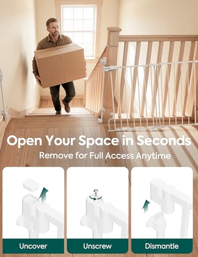 Removable Baby Gate for Stairs No Bottom Bar (White / 29-43" W, 30" H-Standard)