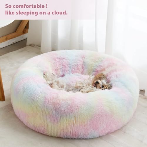 Large Round Calming Dog Bed Cat Bed for Comfy Sleep (45"L x 45"W x10"Th / Rainbow)