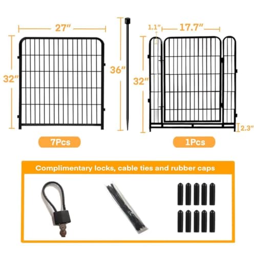 32 in(H) Decorative Garden Fence with Gate, 8 Panels Total 17.7 Ft(L) Heavy Duty Iron Animal Barrier Fence for Yard,Suitable for Indoor Pet Or Outdoor Dog Fencing, Garden Border Fence (32''(H)-8panels-17.7ft(L))