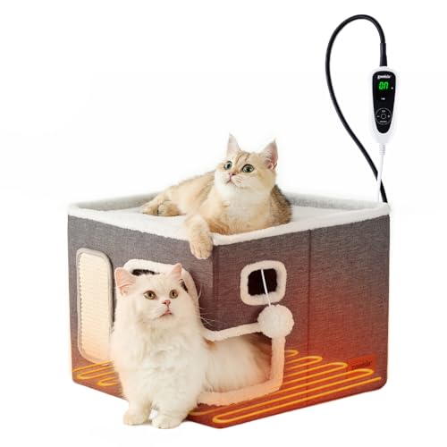 Heated Cat House Bed for Indoor Cats (Grey / Large)