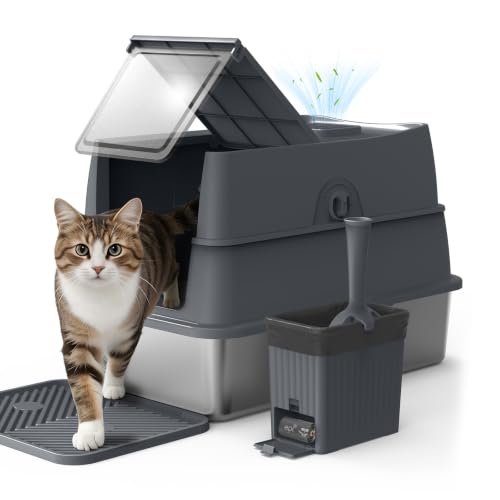 Enclosed Stainless Steel Cat Litter Box with Lid High Sided (Transparent Grey / X-Large)