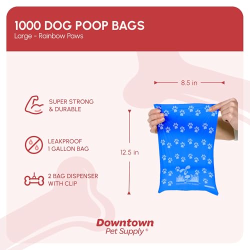 Poop Bags for Dogs with Dispenser (1000 Count (Pack of 1) / Rainbow with Paw Prints)
