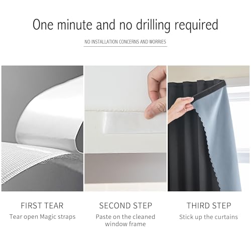 Self Adhesive Curtains 100% Blackout Shades Window Cover Sticky Curtain Portable Easy Open Black Out Curtains for Bedroom Living Room No Drilling (Black/ Thickened / 59"W x 96"L (Pack of 1))