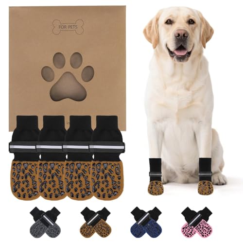 Anti Slip Dog Socks to Prevent Licking Paws (Khaki Reflective / Small/Medium (4 Pack))