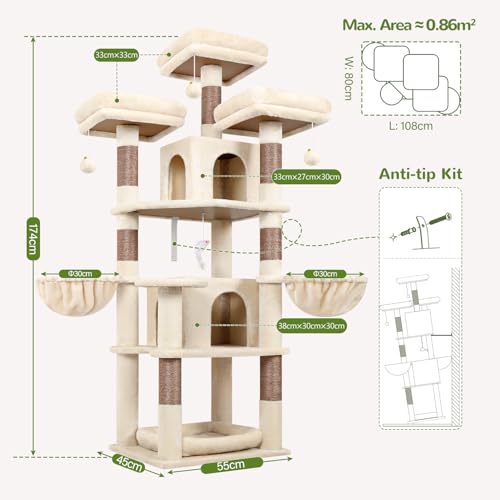 Big XL Cat Tower for Indoor Multiple Cats (Beige / 68 inch)