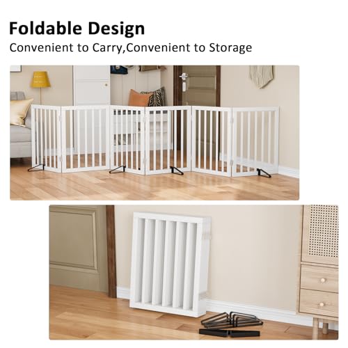 Wooden Dog Gate Freestanding Foldable 6 Panel Pet Gates Extra Wide Dog Gates for Indoor Doorways Stairs 24in Height Support Feet Included (Bamboo Dog Gate White / 6 Panel - 110 inches Wide)